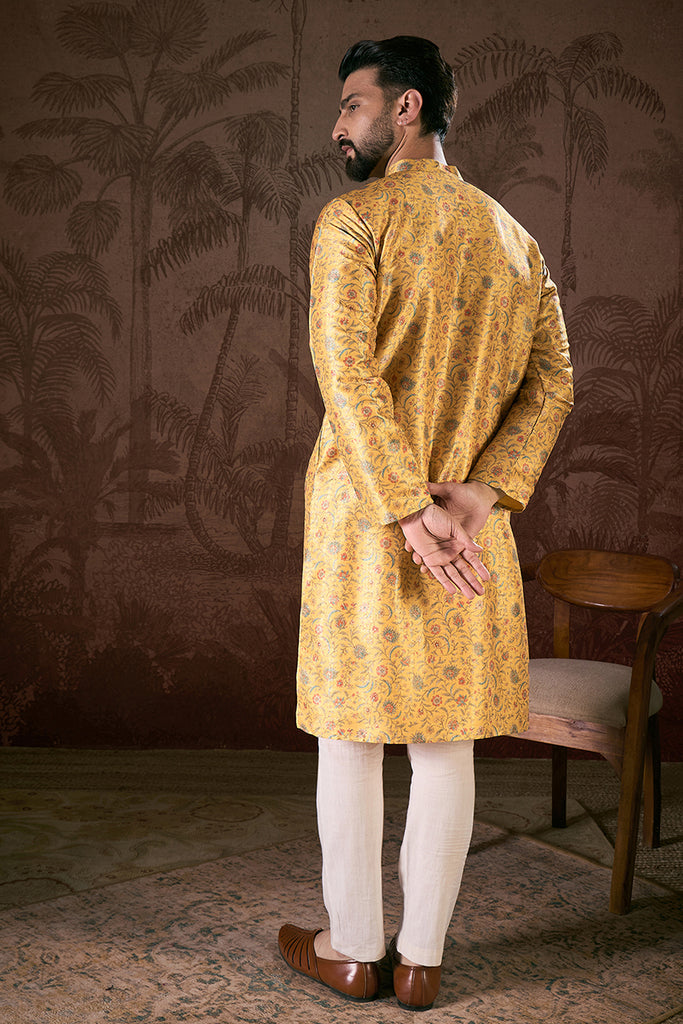 Yellow Silk Blend Floral Printed Straight Kurta With Trouser MKSET1946