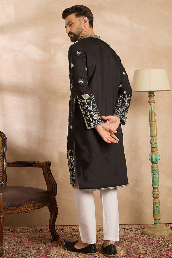 Black Silk Blend Solid Embroidered Straight Kurta MKU1782