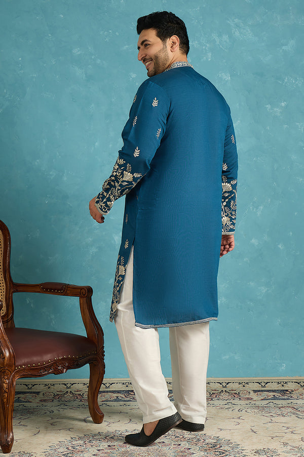 Blue Silk Blend Solid Thread Work Embroidered Kurta MKU1315