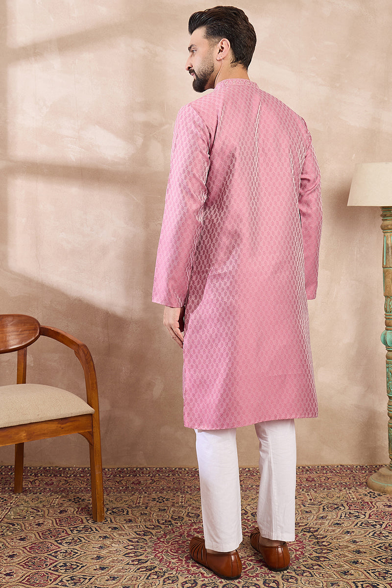 Pink Silk Blend Solid Woven Design Straight Kurta With Trouser MKSET1898
