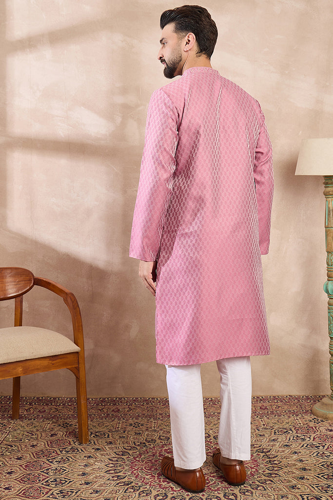 Pink Silk Blend Solid Woven Design Straight Kurta With Trouser MKSET1898