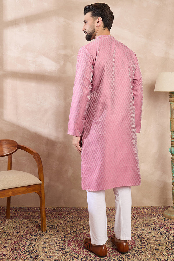Pink Silk Blend Solid Woven Design Straight Kurta With Trouser MKSET1898