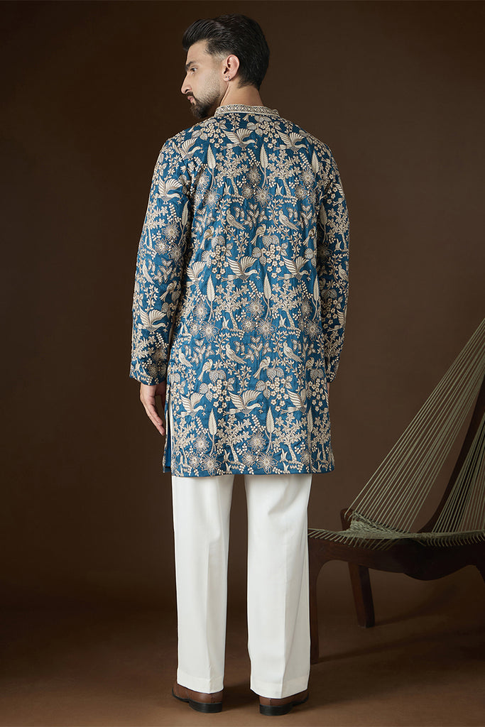 Blue Silk Blend Solid Embroidered Kurta With Trouser MKSET2728