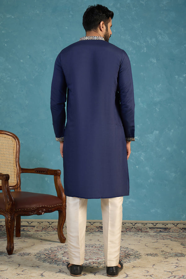 Silk Blend Blue Solid Embroidered Calf Length Straight Kurta With Trousers MKSET2099