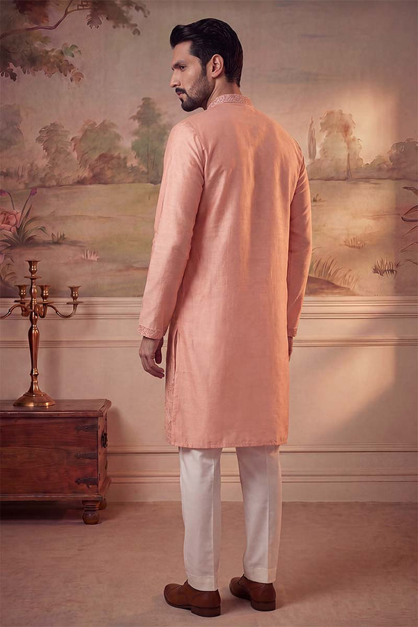 Peach Viscose Rayon Solid Embroidered Kurta With Trousers MKSET2092