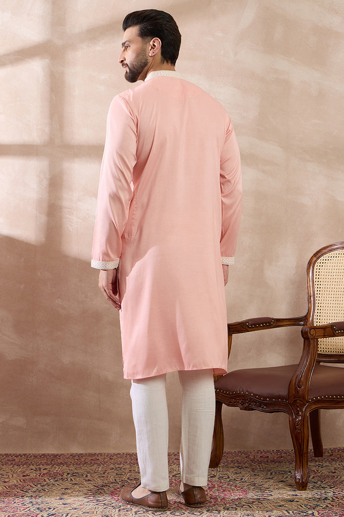 Pink Silk Blend Embroidered Mandarin Collar Straight Kurta MKU1692