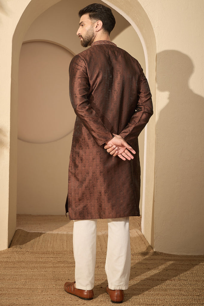 Brown Jacquard Solid Embroidered Mandarin Collar Kurta MKU2752
