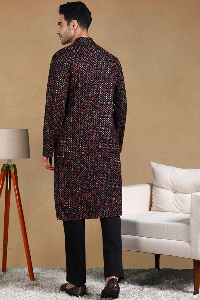 Black Viscose Rayon Geometric Dyed Straight Kurta with Trousers MKSET1013BLK