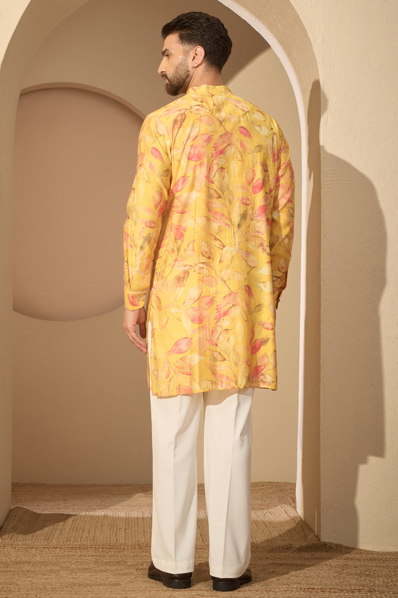 Yellow Silk Blend Floral Printed Mandarin Collar Kurta With Trouser MKSET2699