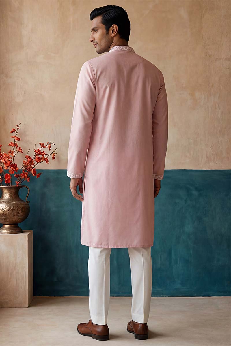 Pink Silk Blend Solid Embroidered Kurta With Trousers MKSET2088