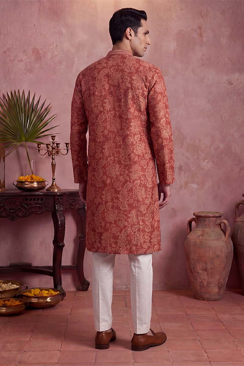 Red Silk Blend Floral Printed Kurta MKU1979