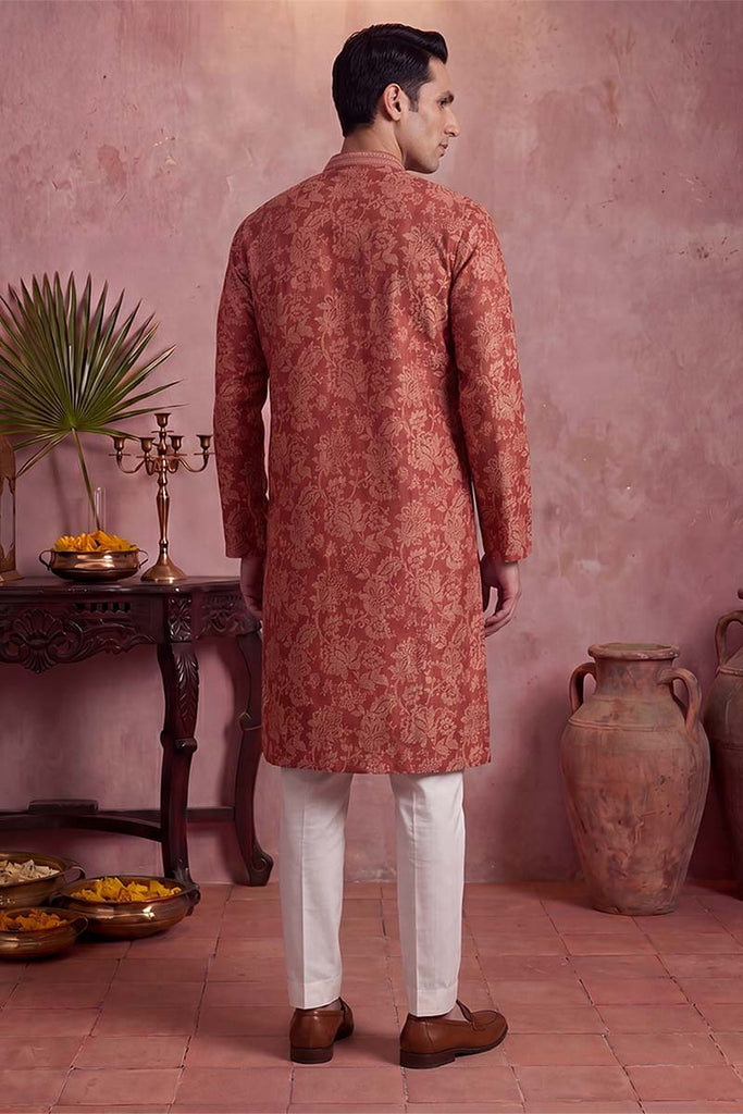 Red Silk Blend Floral Printed Kurta MKU1979