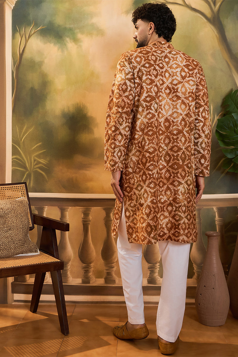 Brown Pure Cotton Batik Embroidered Straight Kurta with Trouser MKSET1461