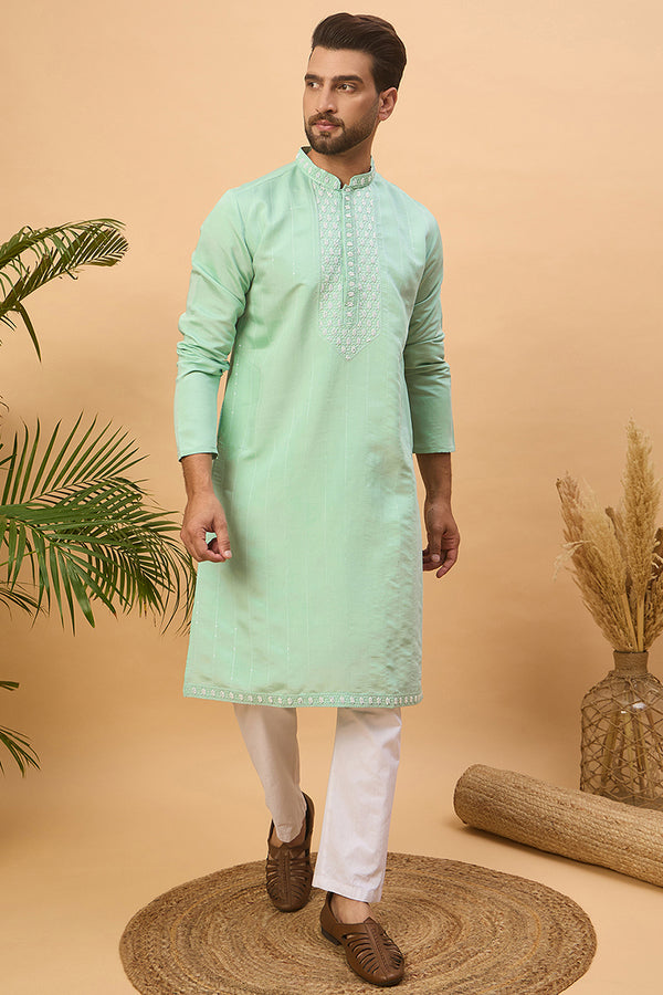 Blue Silk Blend Solid Embroidered Straight Kurta MKU1508