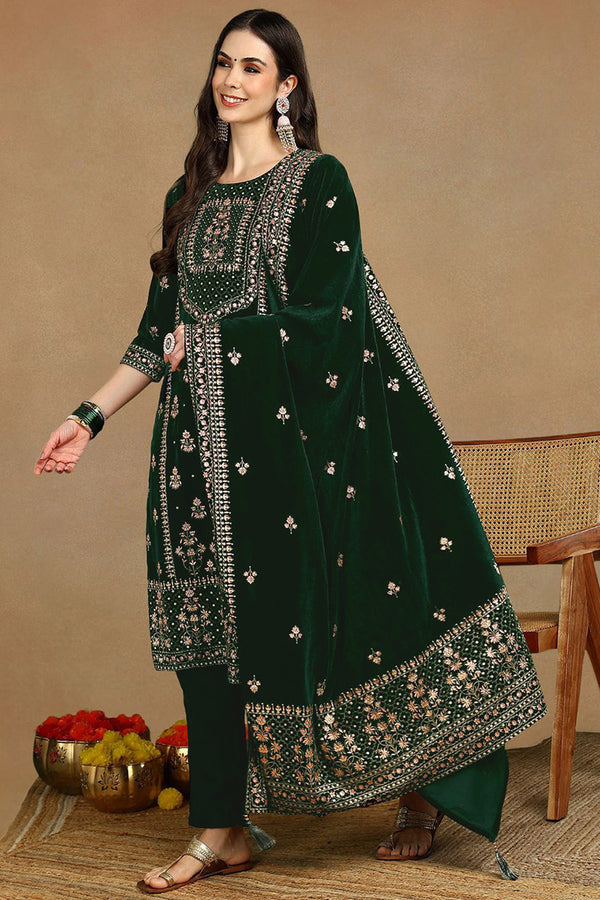 Green Velvet Ethnic Motifs Printed Straight Suit Set PKSKD2772