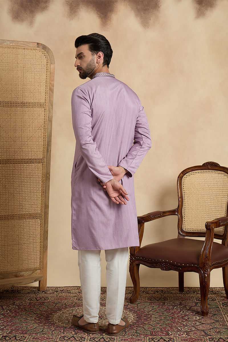 Lavender Silk Blend Solid Embroidered Straight Kurta With Trouser MKSET2527