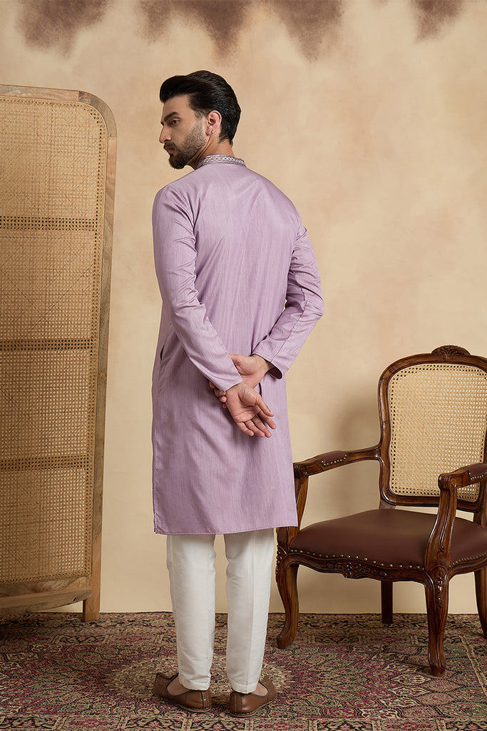 Lavender Silk Blend Solid Embroidered Straight Kurta With Trouser MKSET2527