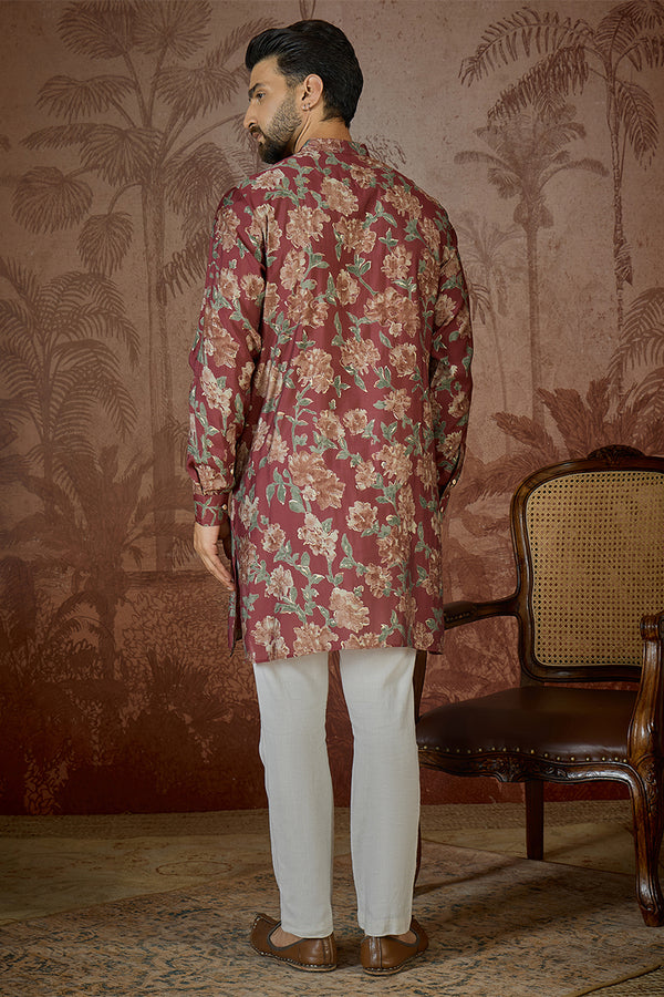 Maroon Silk Blend Floral Printed Kurta MKU2541