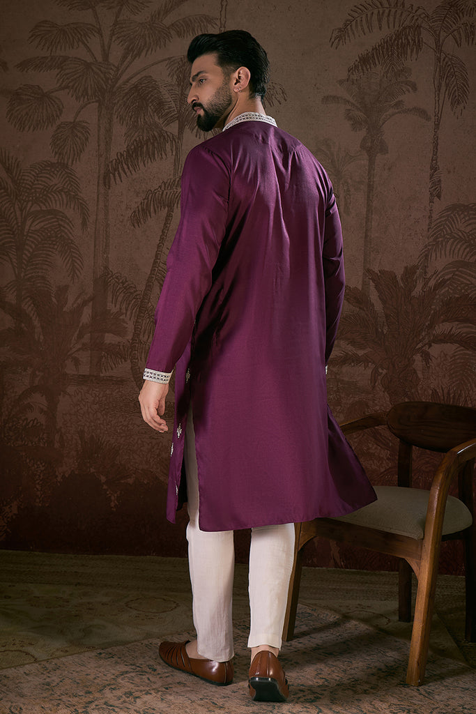 Purple Silk Blend Solid Embroidered Straight Kurta With Trouser MKSET1793