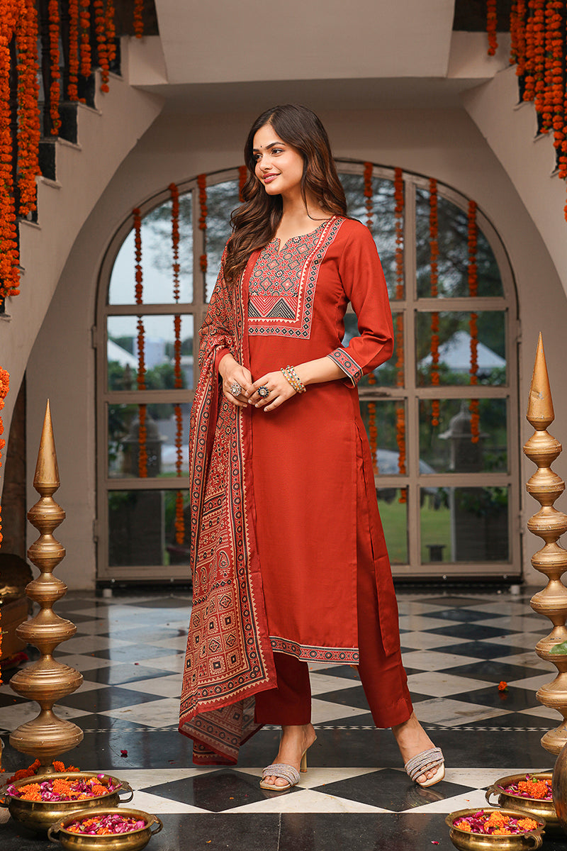 Brown Cotton Blend Ajrakh Printed Straight Kurta Trousers With Dupatta PKSKD3083