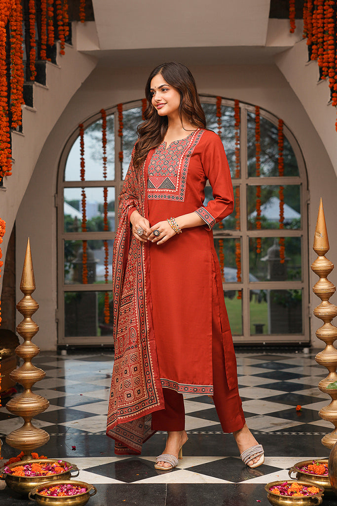 Brown Cotton Blend Ajrakh Printed Straight Kurta Trousers With Dupatta PKSKD3083
