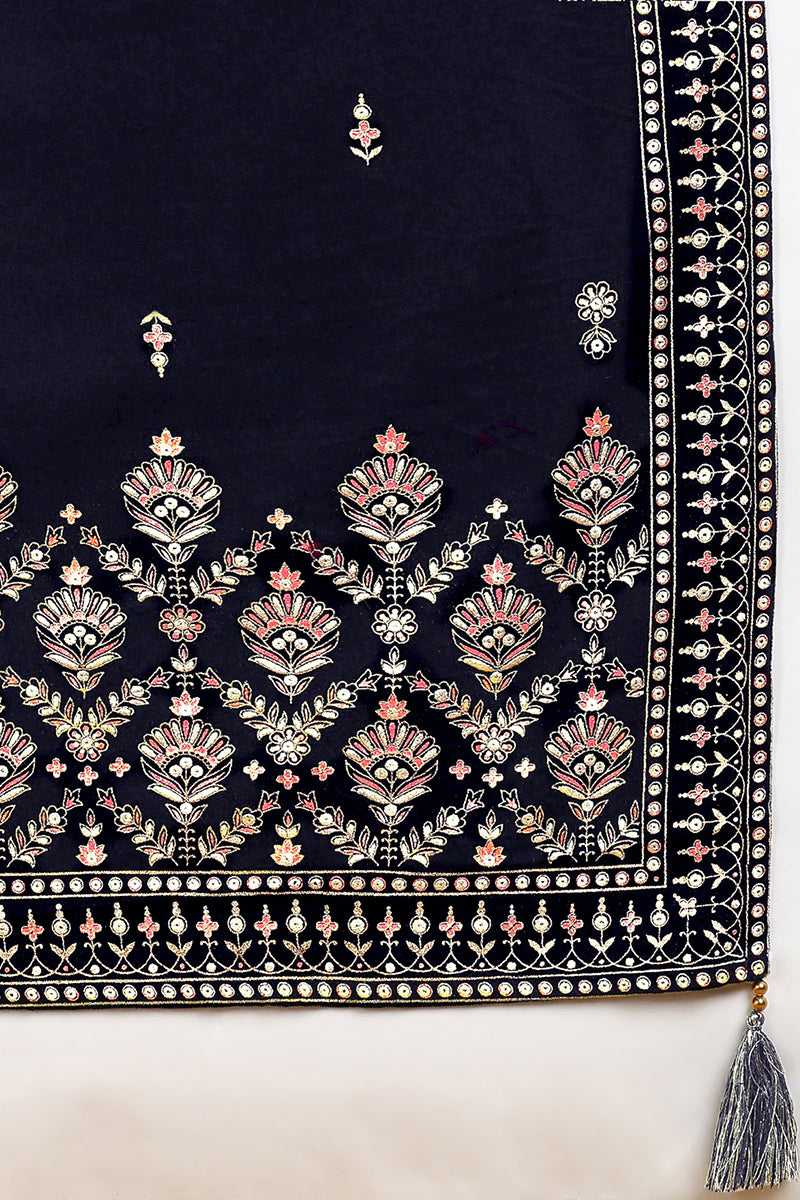 Navy Blue Velvet Ethnic Motifs Printed Straight Suit Set PKSKD2771