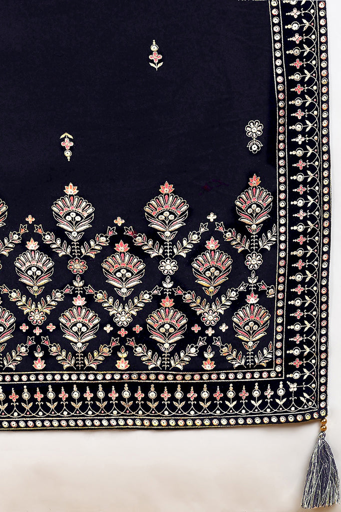 Navy Blue Velvet Ethnic Motifs Printed Straight Suit Set PKSKD2771
