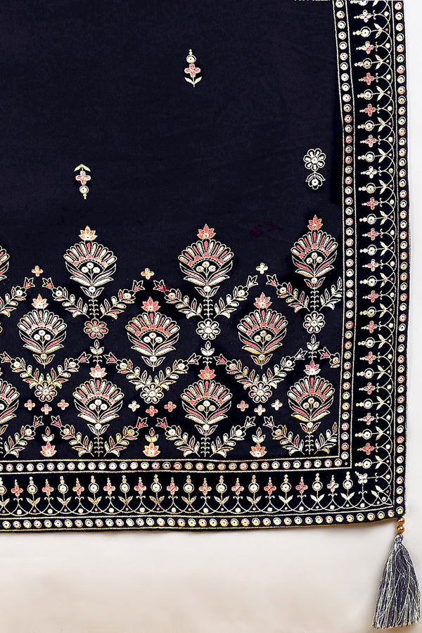 Navy Blue Velvet Ethnic Motifs Printed Straight Suit Set PKSKD2771