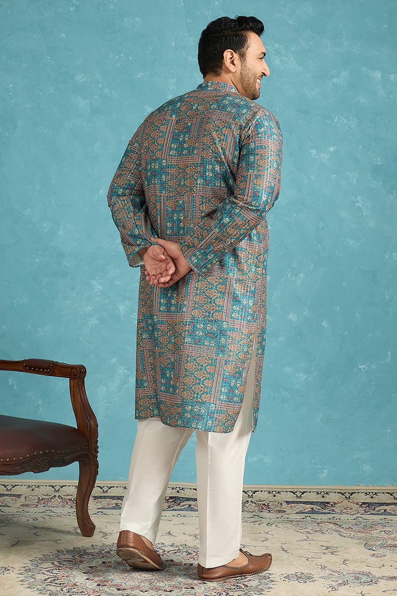 Blue Silk Blend Ethnic Motifs Printed Kurta MKU1934