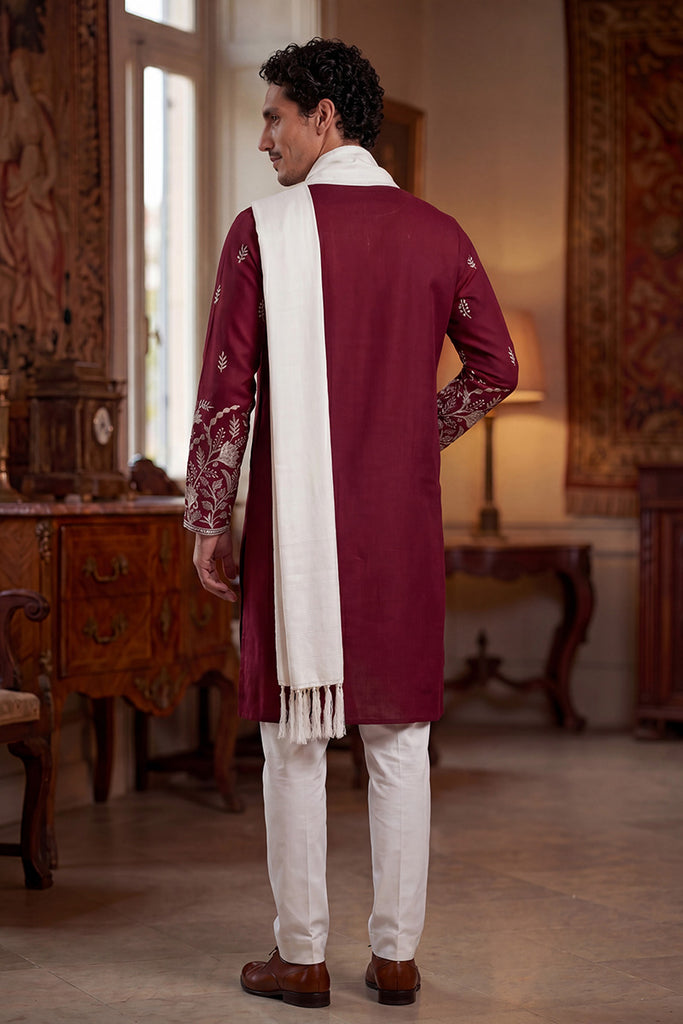 Maroon Silk Blend Solid Embroidered Straight Kurta Trouser with Dupatta MKPD1945