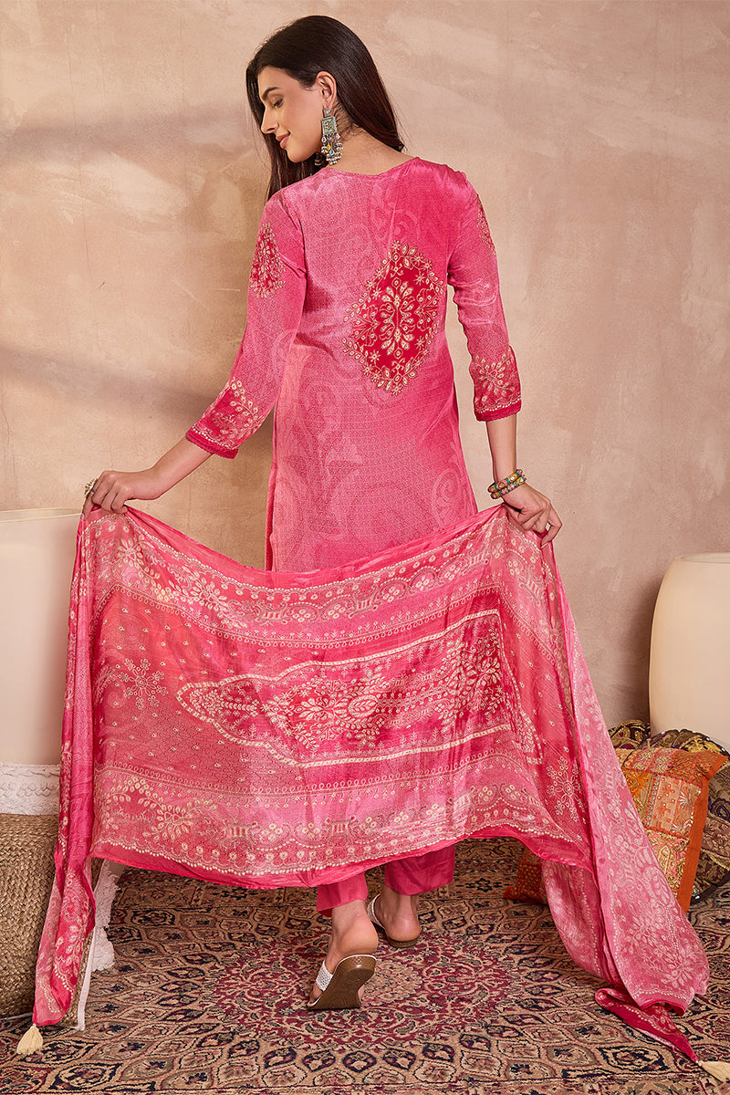 Pink Viscose Rayon Embroidered Kurta Trouser With Dupatta  HSKSKD3022