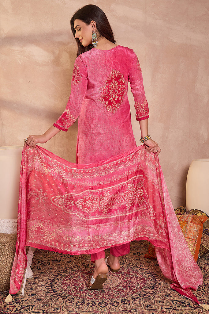 Pink Viscose Rayon Embroidered Kurta Trouser With Dupatta  HSKSKD3022