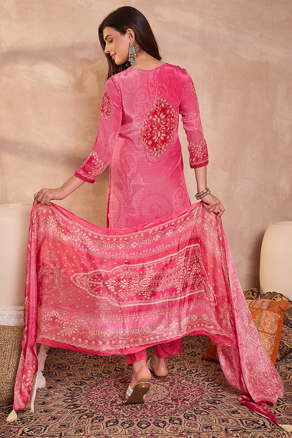 Pink Viscose Rayon Embroidered Kurta Trouser With Dupatta  HSKSKD3022