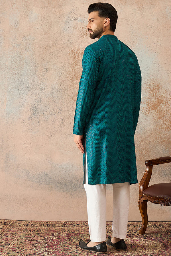 Turquoise Blue Rayon Embroidered Solid Straight Kurta With Trousers MKSET2184