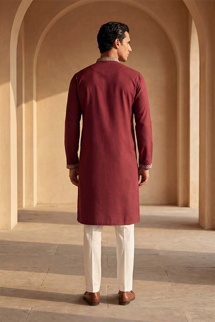 Silk Blend Maroon Solid Embroidered Calf Length Straight Kurta MKU2100