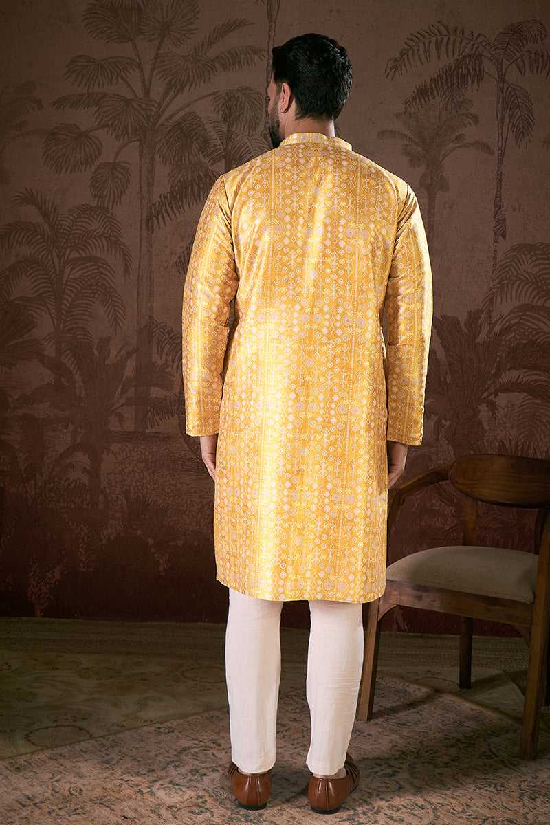 Yellow Silk Blend Floral Printed Straight Kurta With Trouser MKSET1948