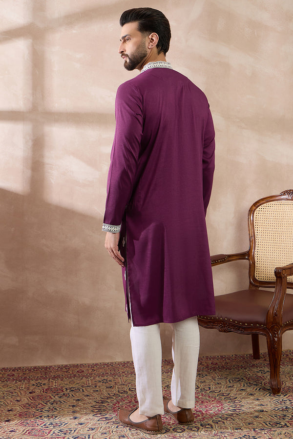 Purple Silk Blend Embroidered Mandarin Collar Straight Kurta With Trouser MKSET1789