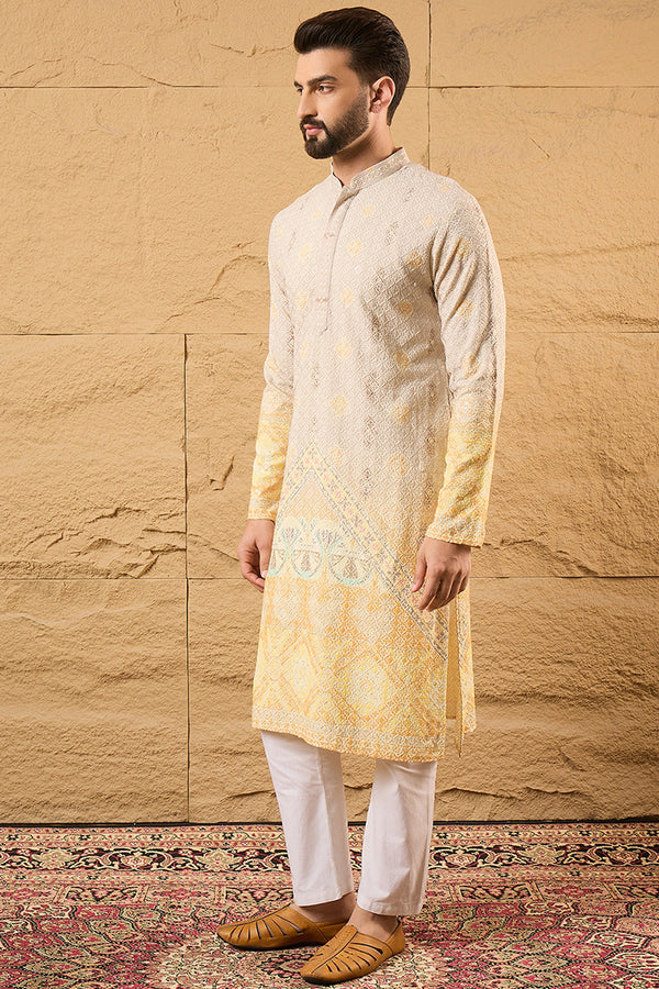 Yellow Viscose Rayon Ethnic Motifs Embroidered Straight Kurta with Trouser MKSET1138