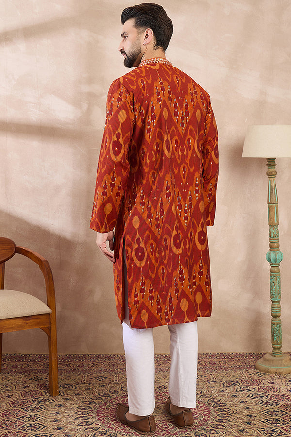 Orange Silk Blend Chevron Printed Straight Kurta With Trouser MKSET1964