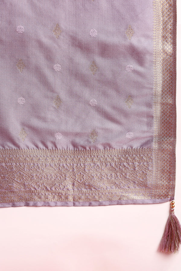 Lavender Silk Blend Ethnic Motifs Woven Design Straight Suit Set PKSKD2405