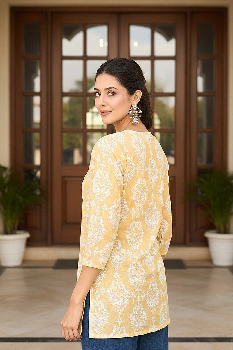 Yellow Cotton Blend Ethnic Motifs Printed Regular Top VT1389