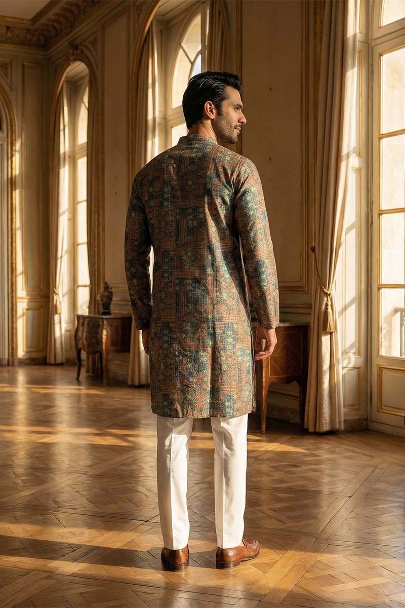 Blue Silk Blend Printed Straight Kurta MKU1934