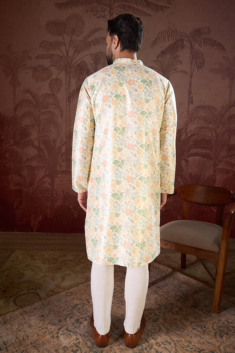 Off White Silk Blend Floral Printed Straight Kurta With Trouser MKSET1915