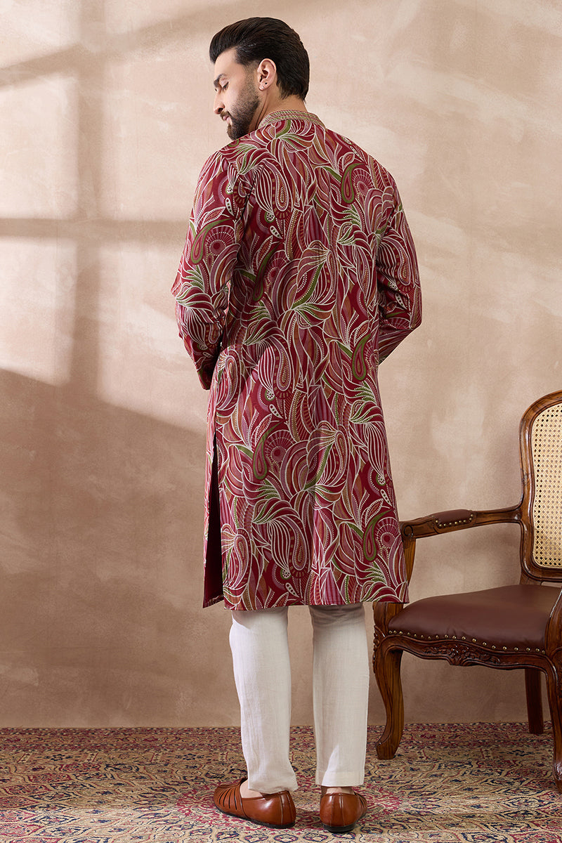 Red Silk Blend Printed Mandarin Collar Straight Kurta MKU1959