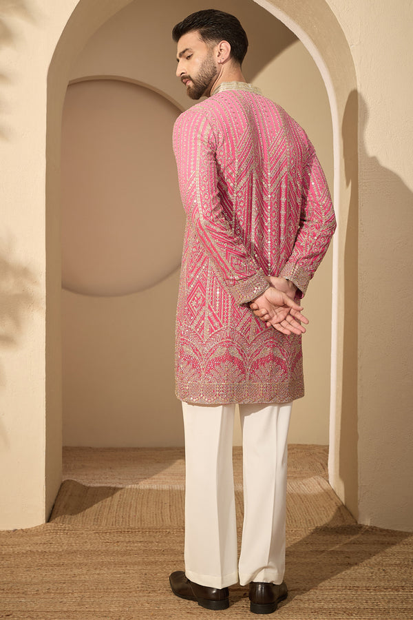 Pink Georgette Ethnic Motifs Embroidered V-Neck Kurta MKU2587