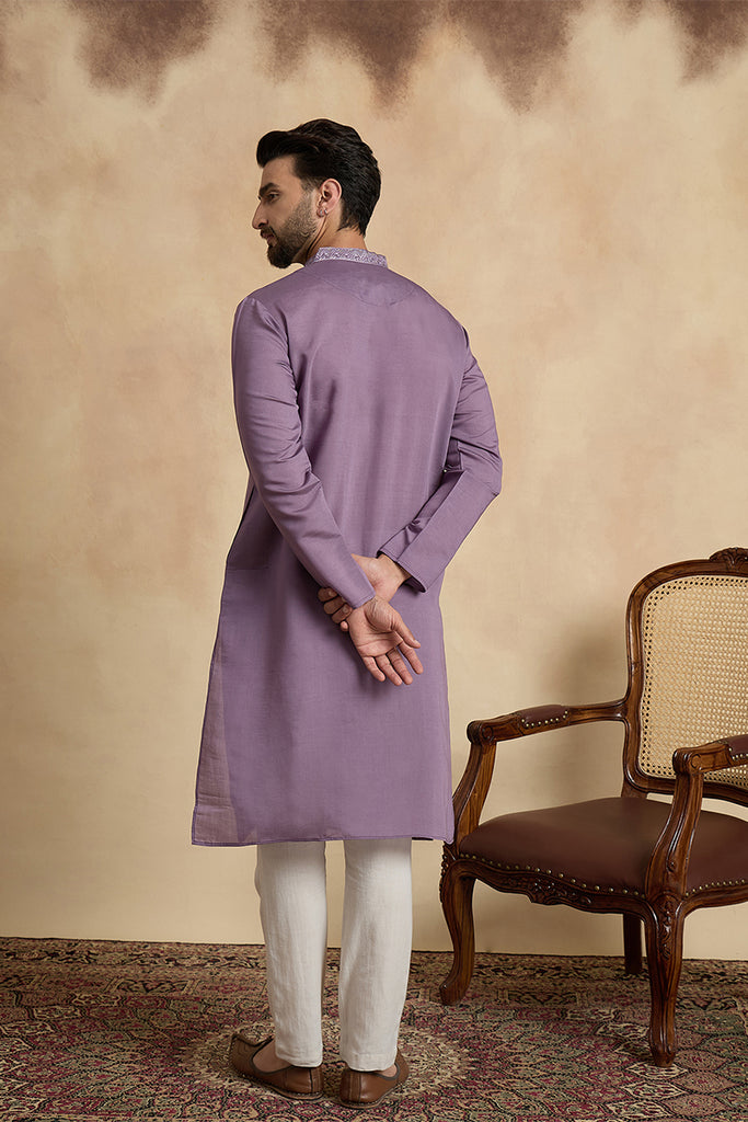 Lavender Silk Blend Solid Embroidered Kurta With Trouser MKSET2463