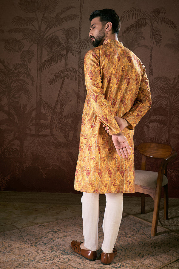 Mustard Silk Blend Ethnic Motifs Printed Straight Kurta With Trouser MKSET1925