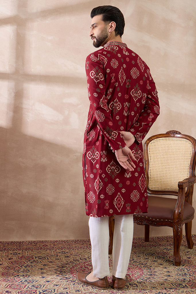 Red Silk Blend Printed Mandarin Collar Straight Kurta MKU1988
