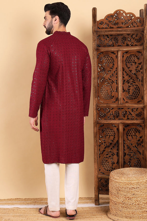 Maroon Viscose Rayon Solid Embroidered Straight Kurta For Men MKU1007MRN
