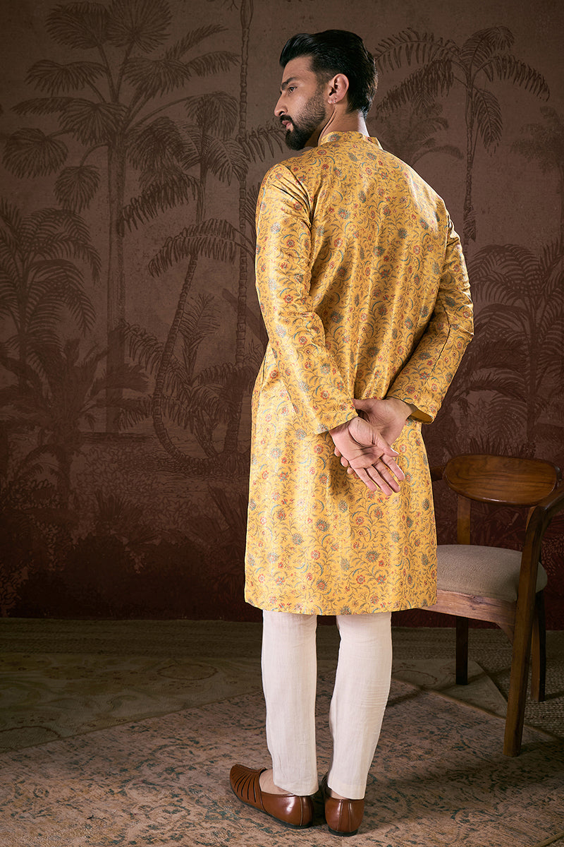 Yellow Silk Blend Floral Printed Straight Kurta MKU1946
